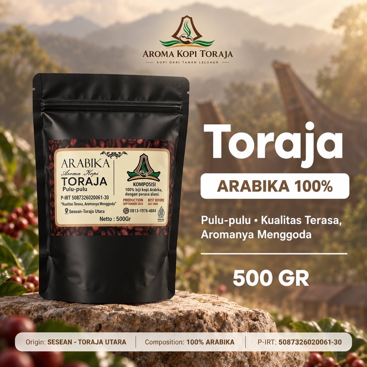 Toraja roasted Arabica coffee 500 g pack
