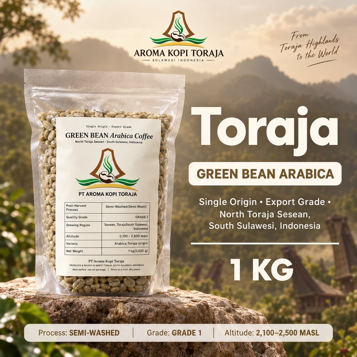Toraja green bean Arabica coffee 1 kg pack