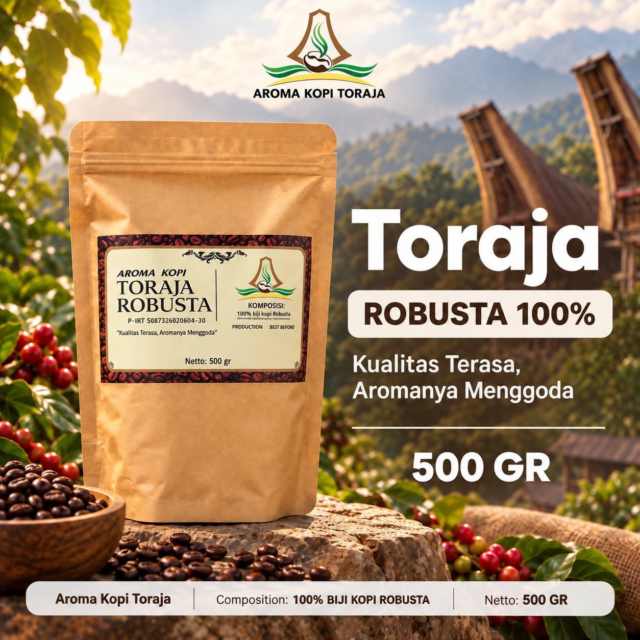 Toraja roasted Robusta coffee 500 g pack